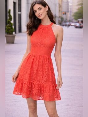 Vince Camuto Coral Lace Halter Mini Dress